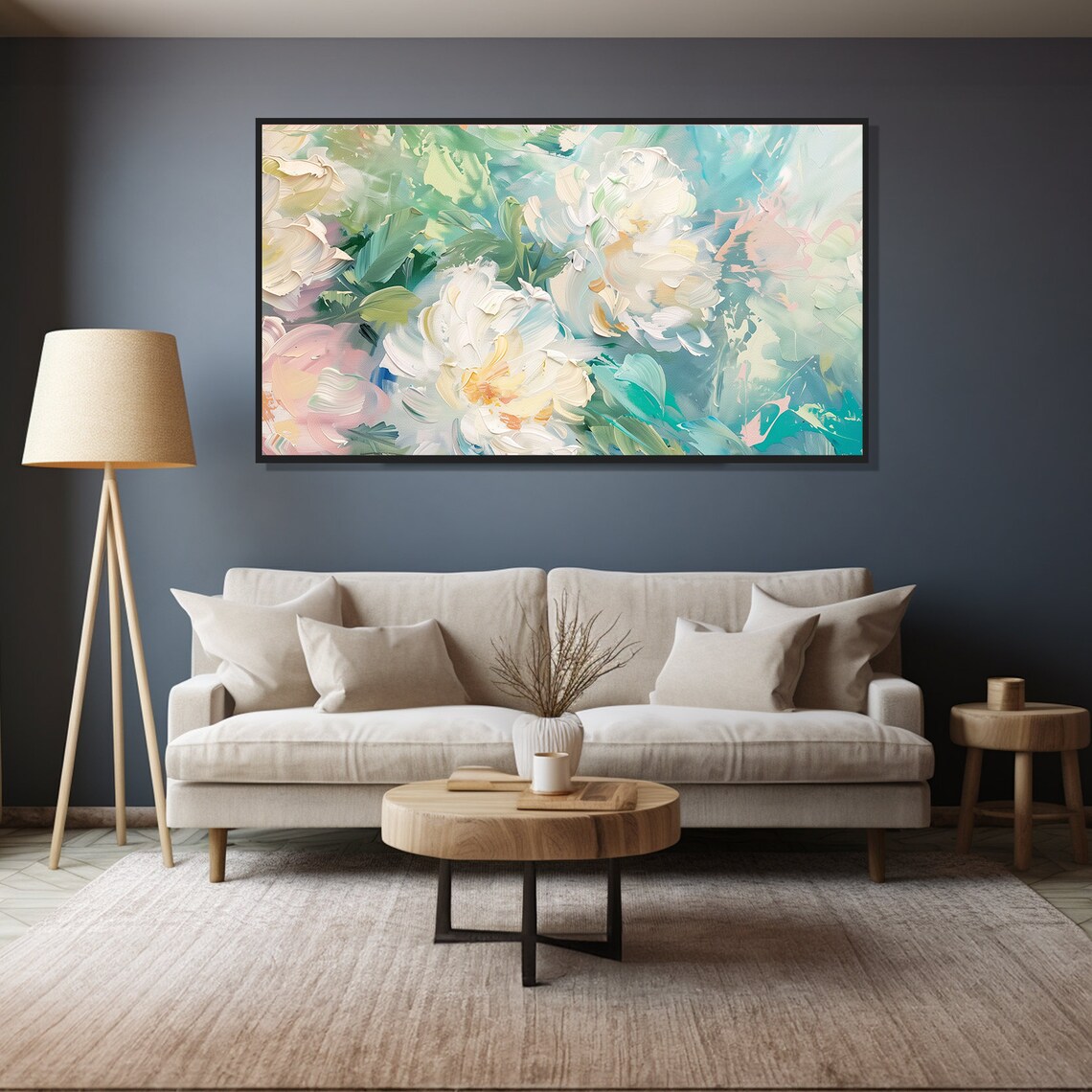 White Blossom Impasto Floral Teal Green Pink Modern Painting Wall Art - Image 4