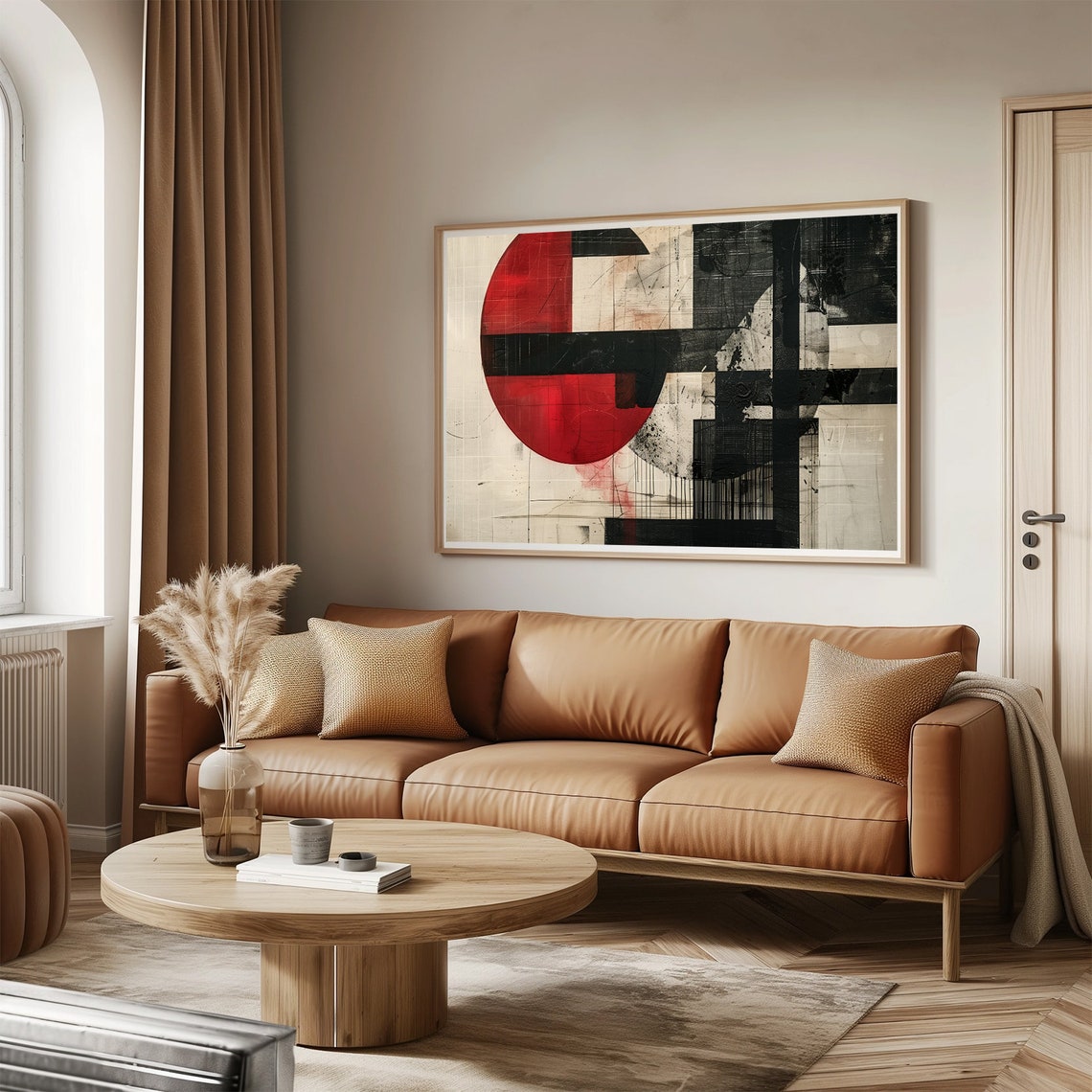 Red Sun Geometric Abstract Painting Bold Circle Bauhaus Style Poster - Image 3