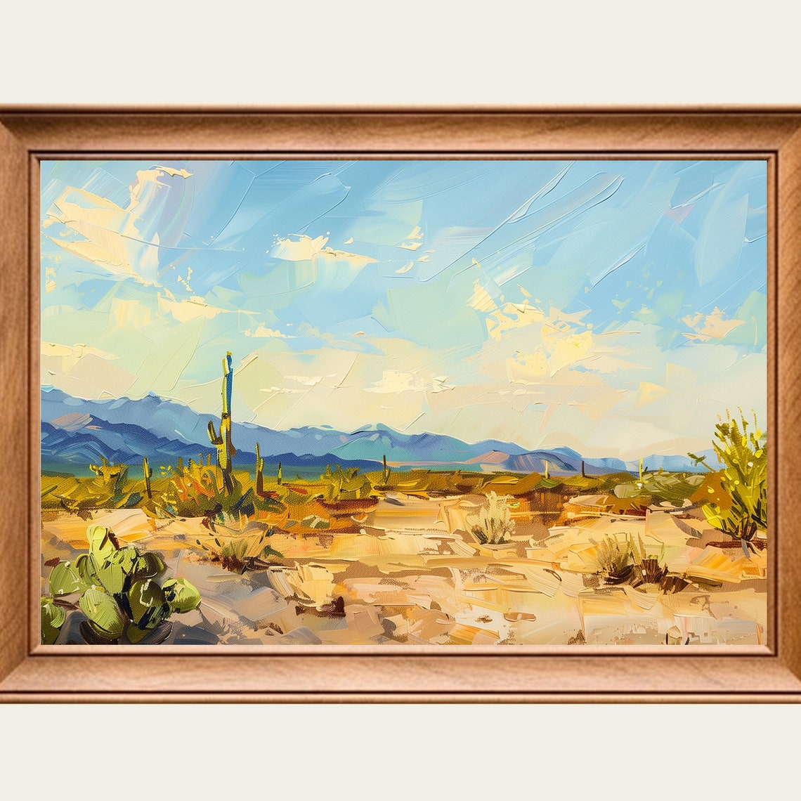 Bright Sunny Desert Saguaro Cactus Blue Sky Mountain Painting Wall Art