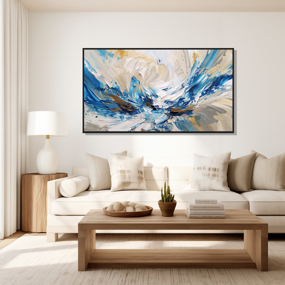 Blue White Abstract Swirls Impasto Ocean Wave Modern Painting Wall Art - Image 5