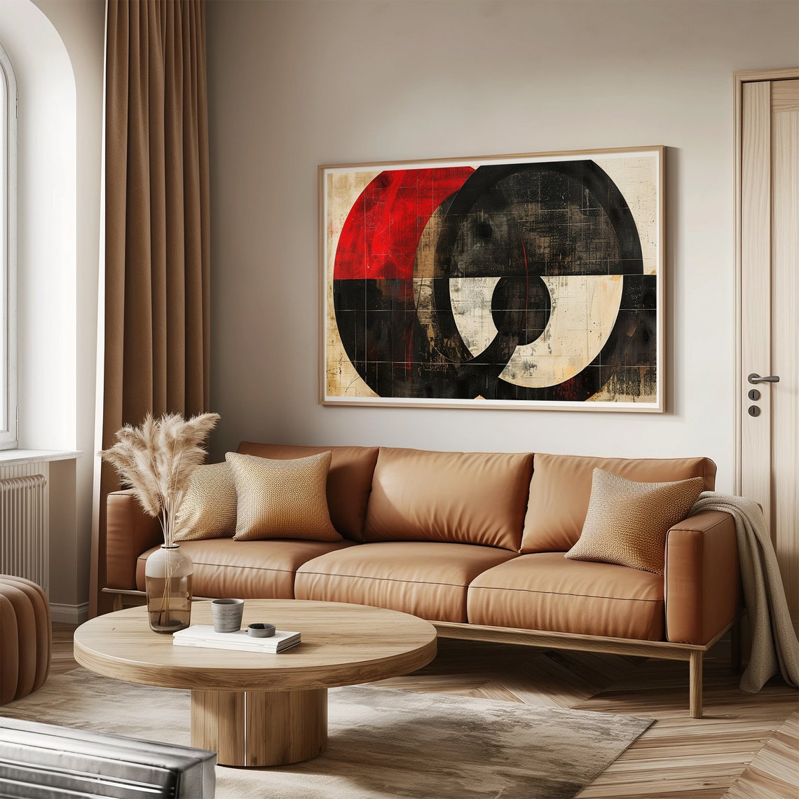 Red Black Cream Overlapping Circles Modern Geometric Abstract Wall Art - Image 3