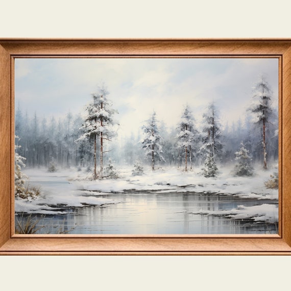 Vintage Winter Icy Pond Oil Painting Wall Art Print Frame Tv Art Tv