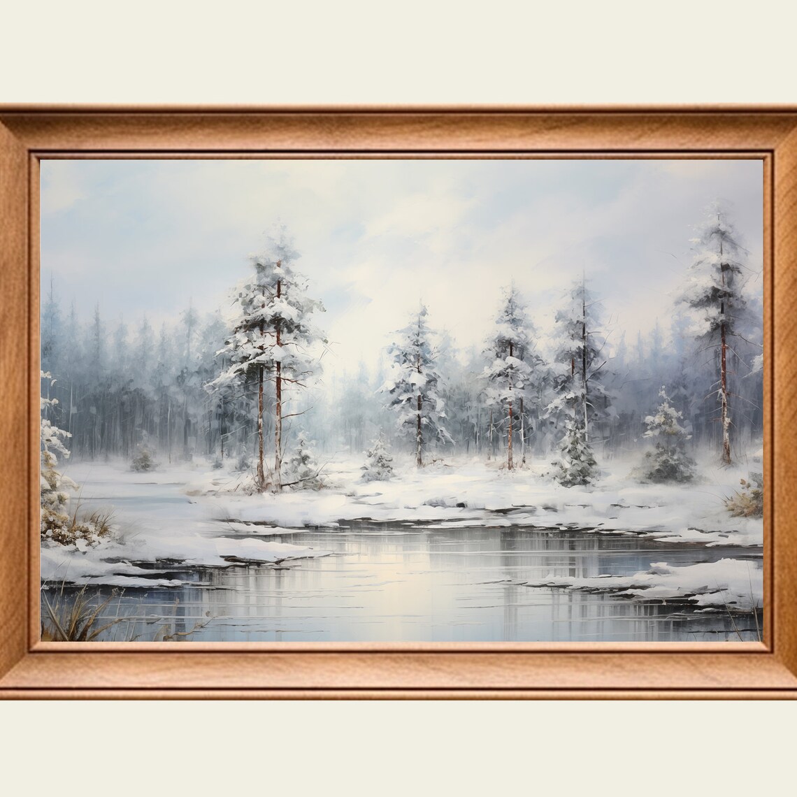 Snowy Winter Forest Painting Icy Pond Snow Covered Pines Nature Poster
