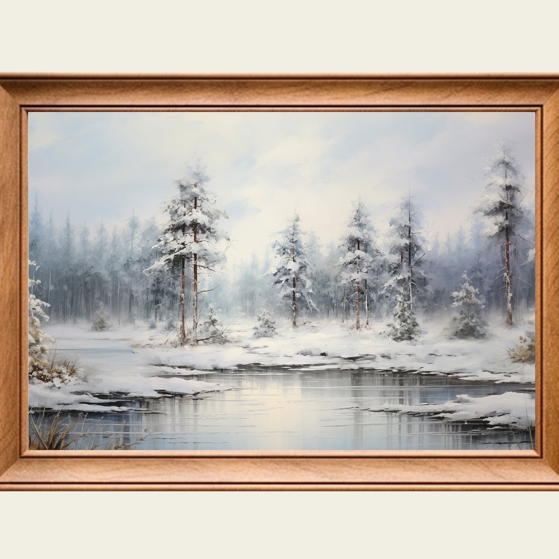 Vintage Winter Icy Pond Oil Painting Wall Art Print Frame Tv Art Tv