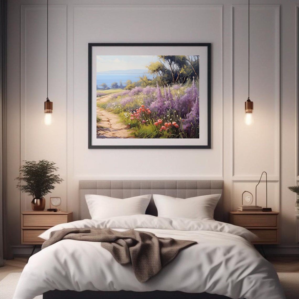Vintage Coastal Spring Wildflower Path Ocean View Oil Painting Poster - Image 5