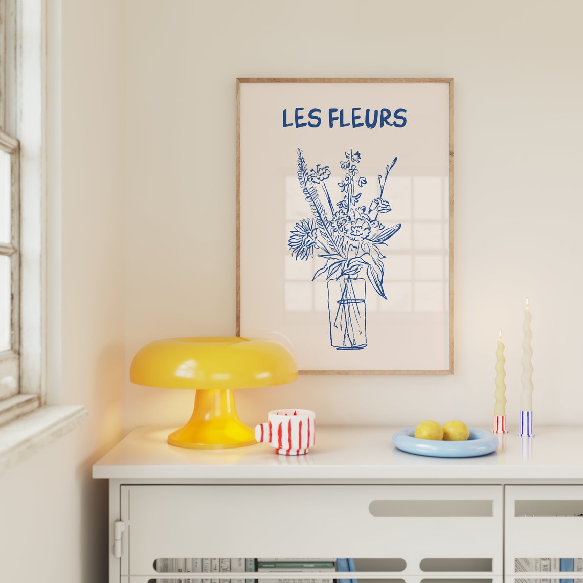 Les Fleurs Blue Line Art Wildflower Bouquet in Glass Vase Poster - Image 5