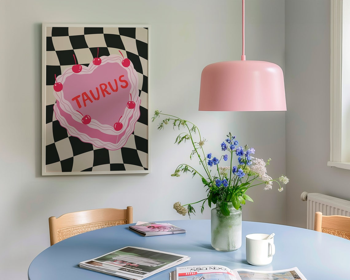 Taurus Pink Heart Cake Cherry On Black Checkerboard Zodiac Poster - Image 5
