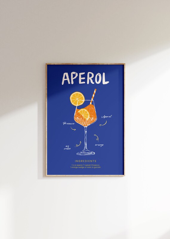 Aperol Spritz Cocktail Recipe Illustration on Navy Blue Print