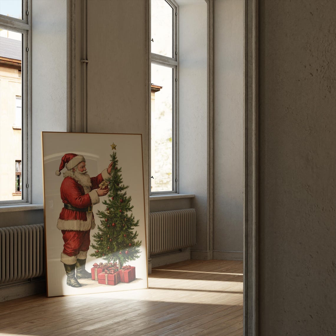 Vintage Santa Placing Star on Christmas Tree Gifts Holiday Poster - Image 2