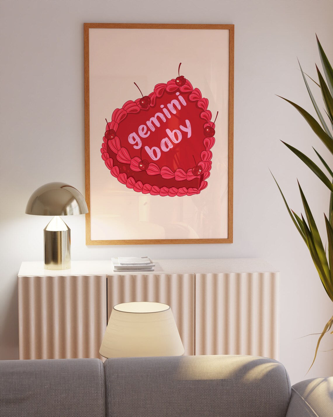 Gemini Baby Red Vintage Heart Cake With Cherries Zodiac Wall Art - Image 6