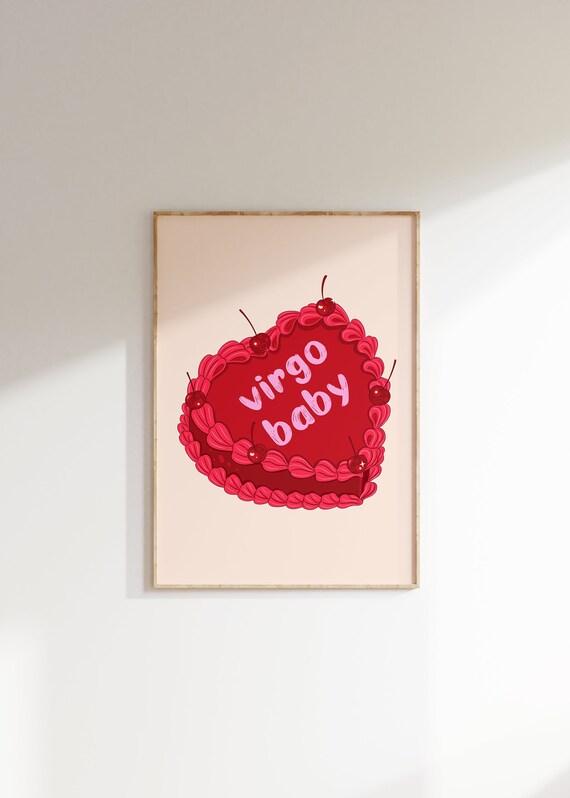 Virgo Baby Red Vintage Heart Cake With Cherries Zodiac Art Print