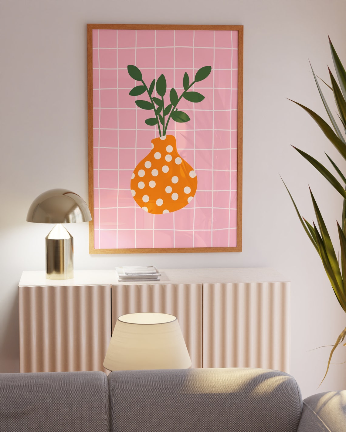 Orange Polka Dot Flower Vase Green Stems Pink Grid Art Print - Image 5