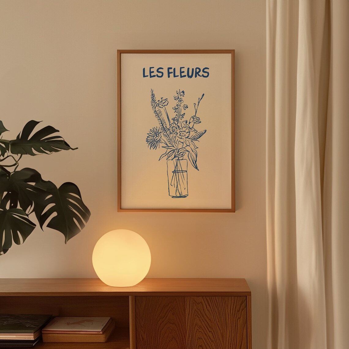 Les Fleurs Blue Line Art Wildflower Bouquet in Glass Vase Poster - Image 4