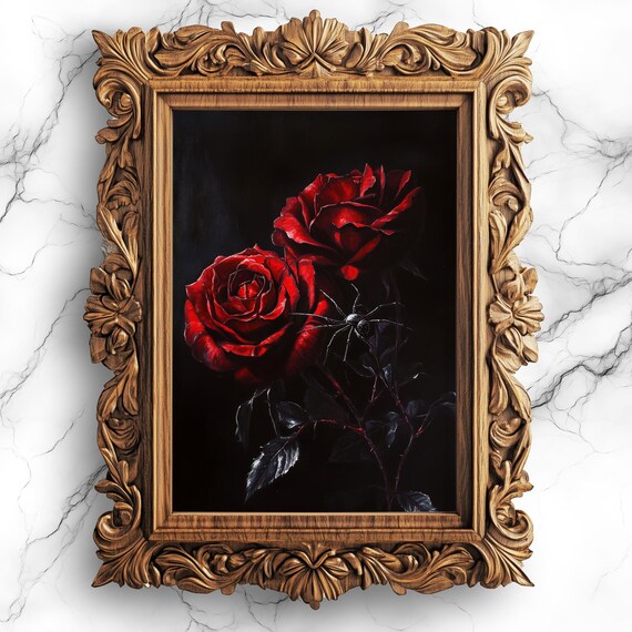 Red Roses and Spider Web Gothic Floral Dark Botanical Art Poster