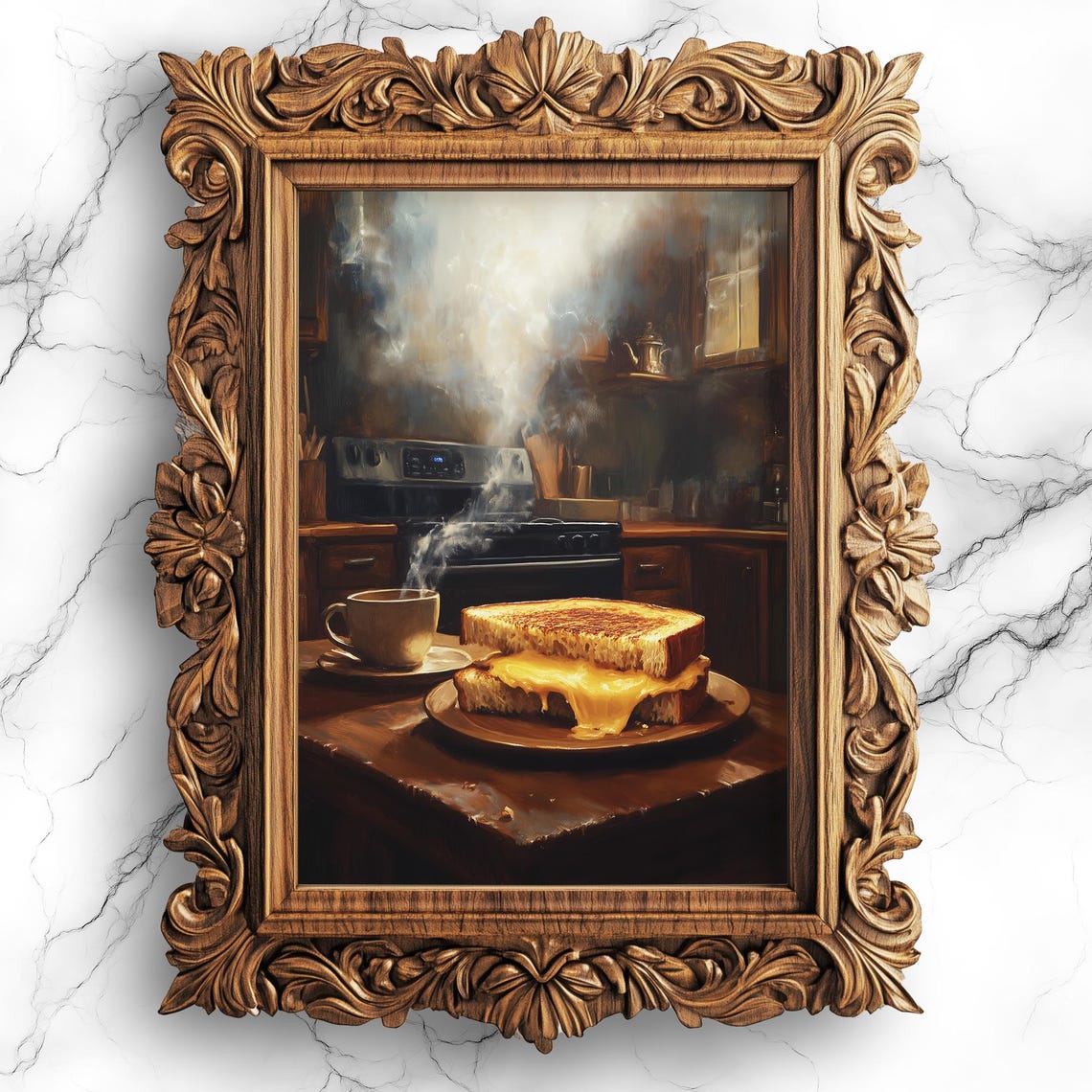 Grilled Cheese and Coffee in a Moody Kitchen Dark Academia Poster