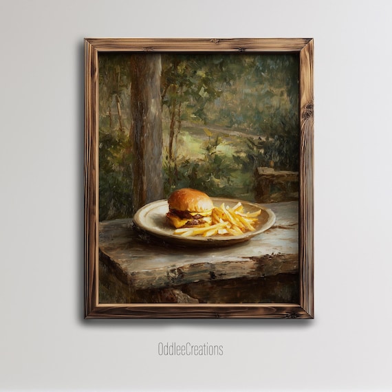 Cheeseburger And Fries Oil Painting Rustic Forest Food Wall Art