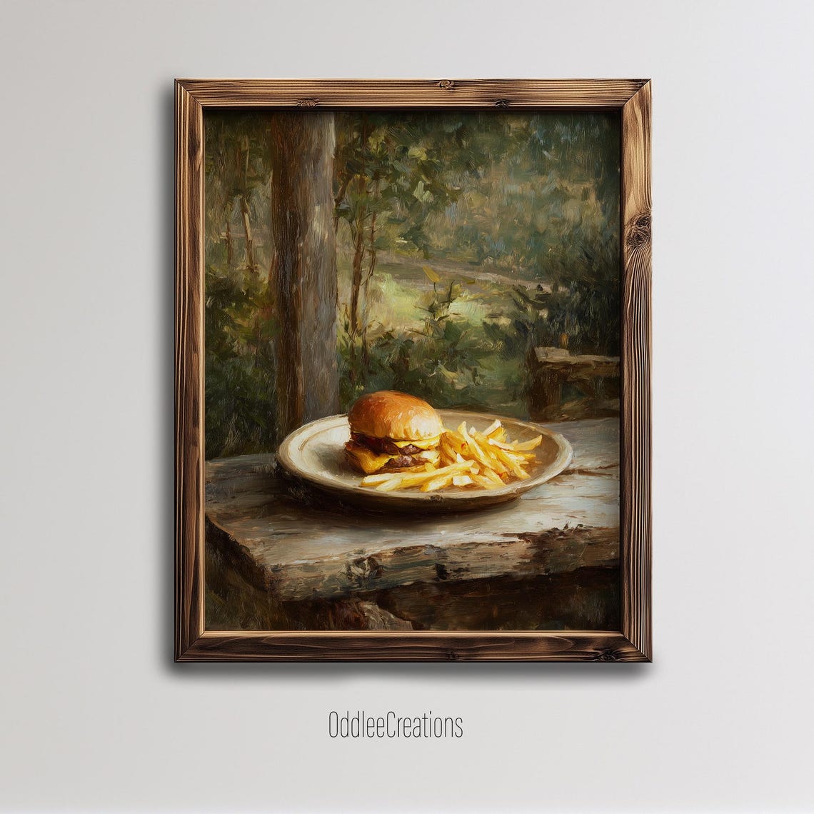 Cheeseburger And Fries Oil Painting Rustic Forest Food Wall Art