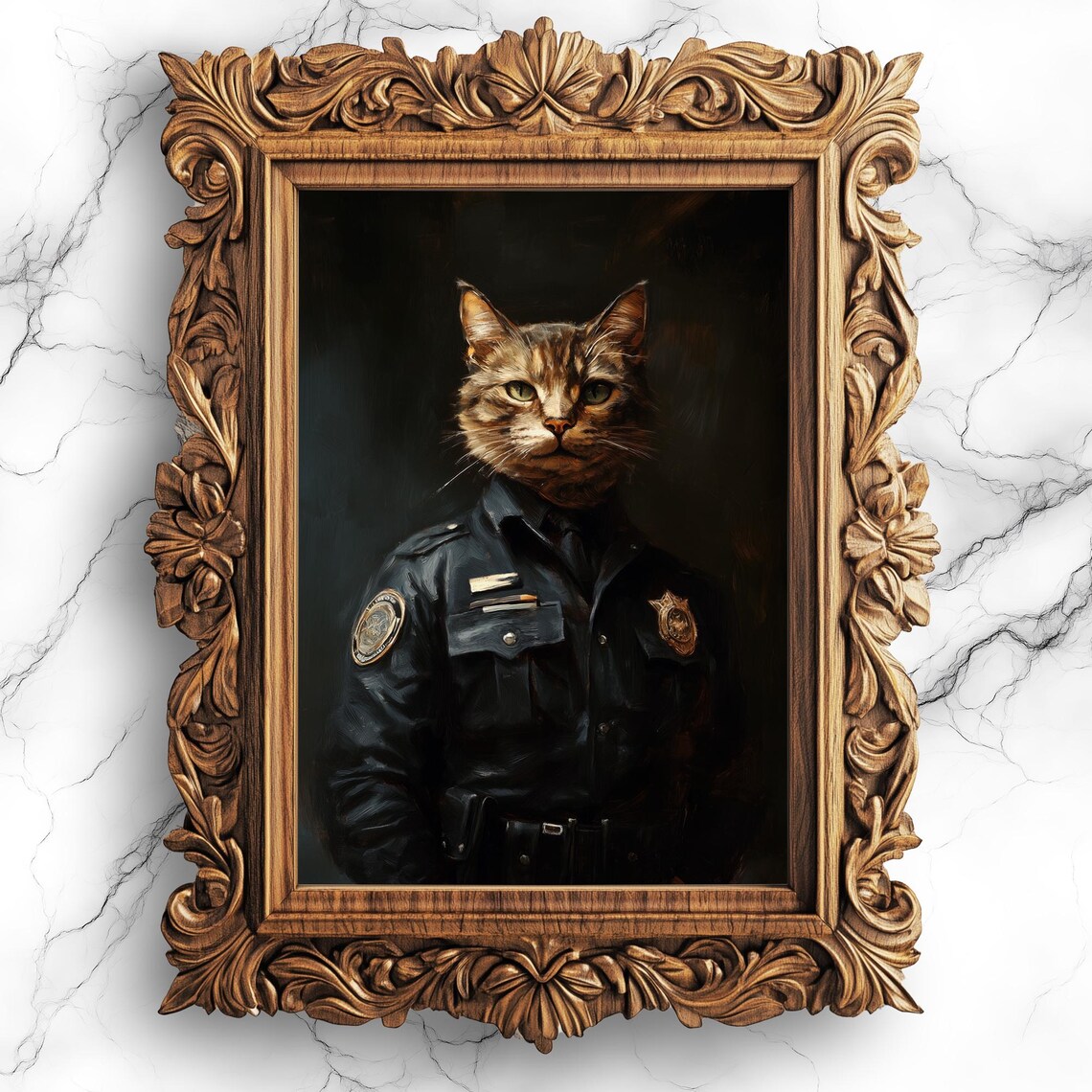 Oil Painting Poster Of Police Officer With Cat Whimsical Animal Portrait Art Unique Wall Decor Prt16