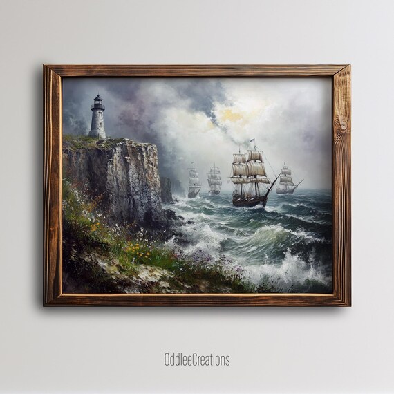 Victorian Sailing Ships Lighthouse Cliffs Stormy Sea Oil Painting Poster