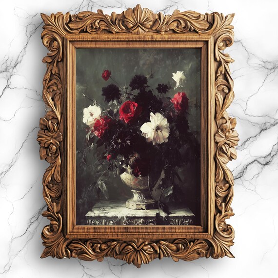 Dark Gothic Rose Bouquet Oil Painting Vintage Floral Art Poster