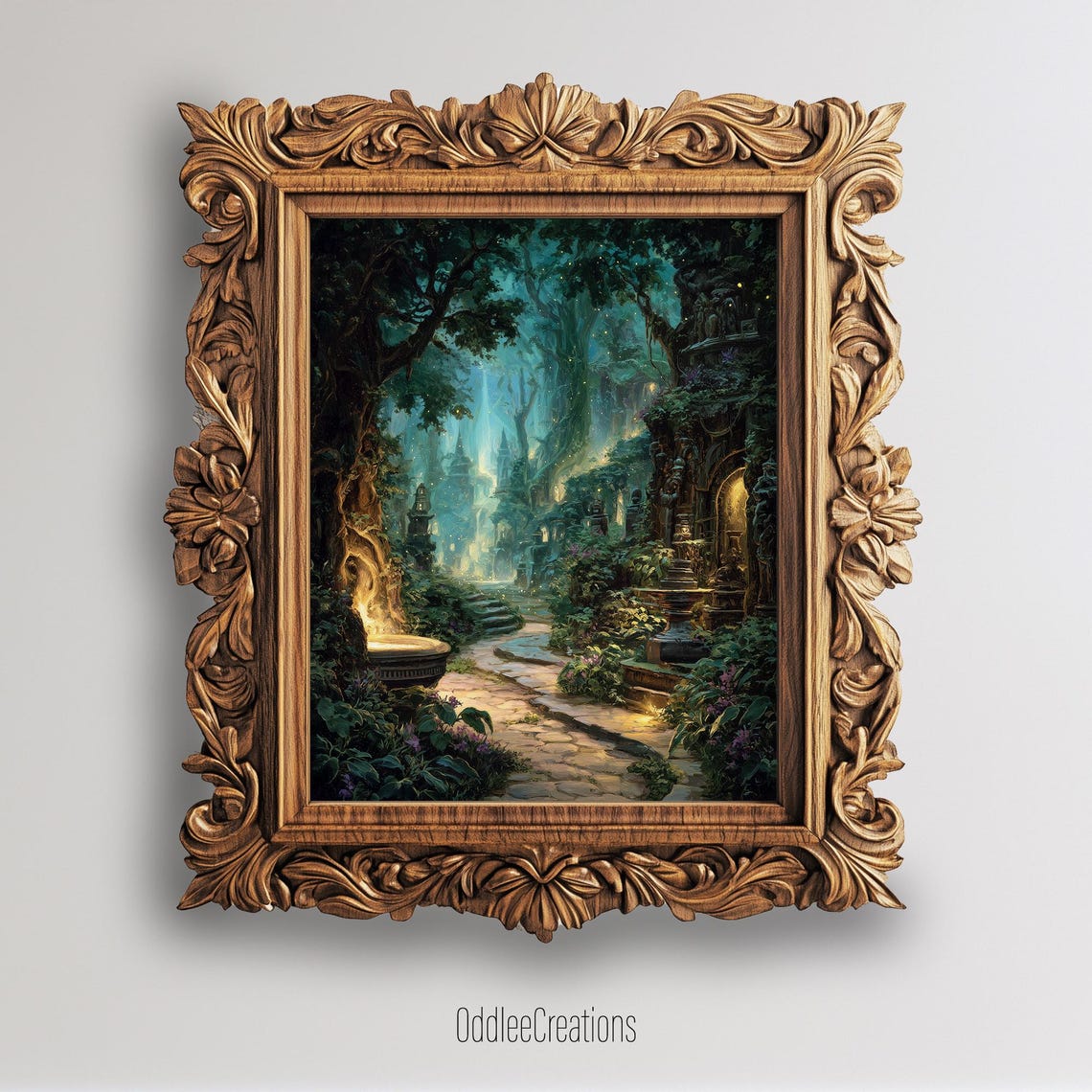 Ancient Ruins Glowing Lights Mystical Forest Stone Path Poster