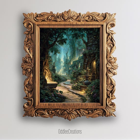 Magical Forest Ancient Ruins Artwork With Enchanted Lights Path Painting Fantasy Wall Decor Sce165