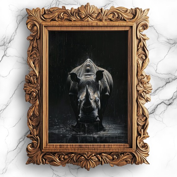 Rhino In The Rain Canvas Art Wildlife Painting Home Decor Animal Lover Gift Nature Scene Wall Ani9