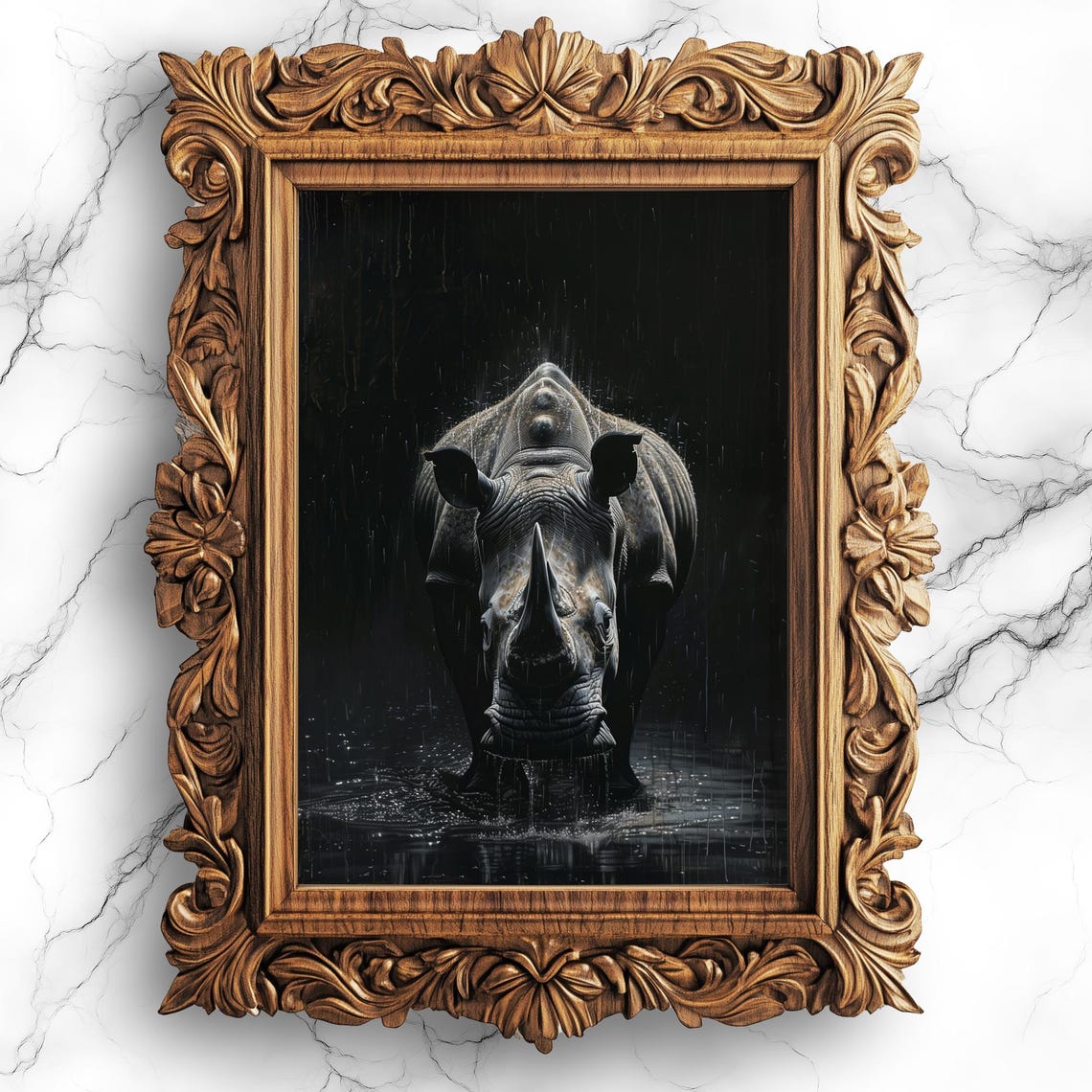Rhinoceros In Rain Dramatic Black Wildlife Portrait Art Print