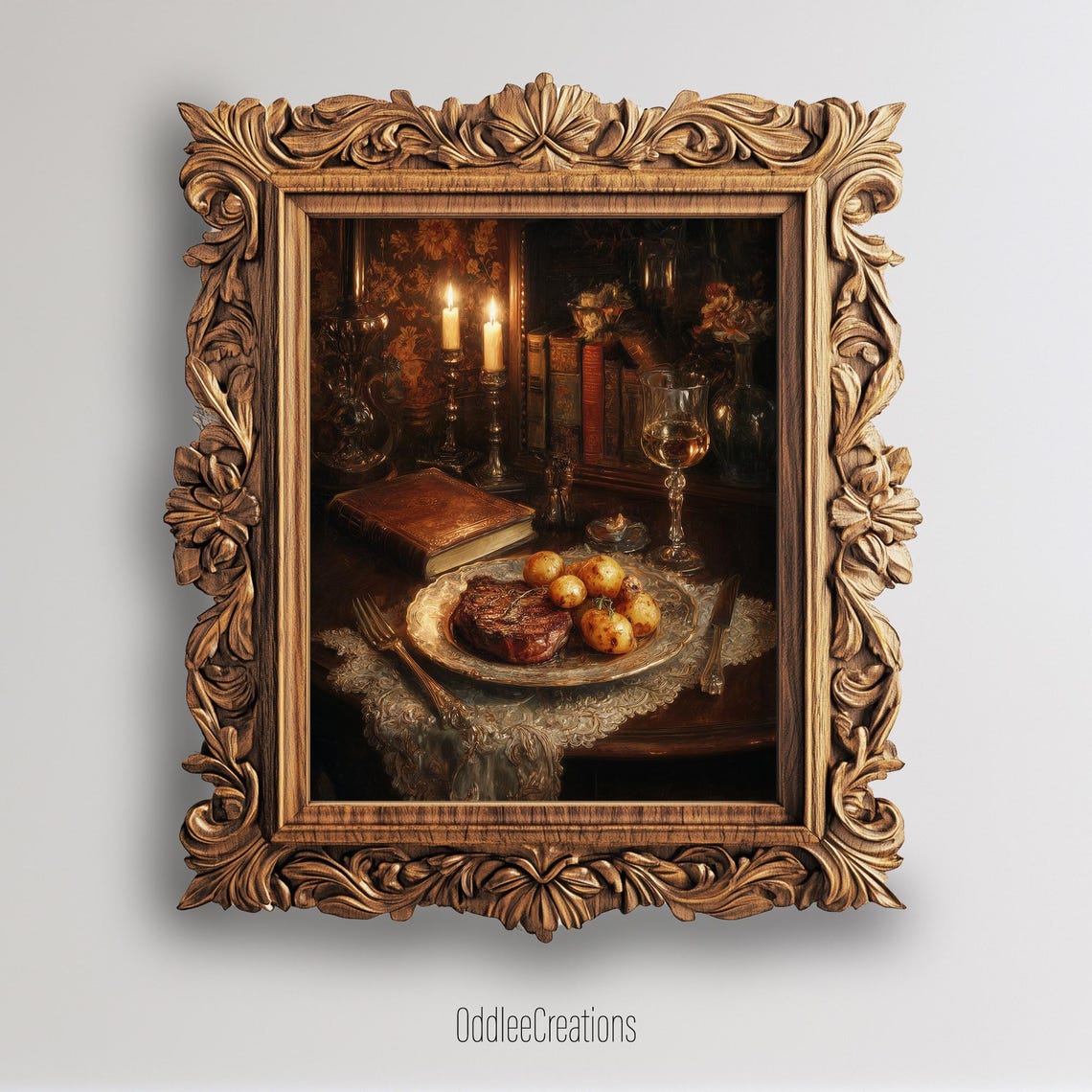 Steak Dinner Candlelight Dark Academia Kitchen Oil Painting Print
