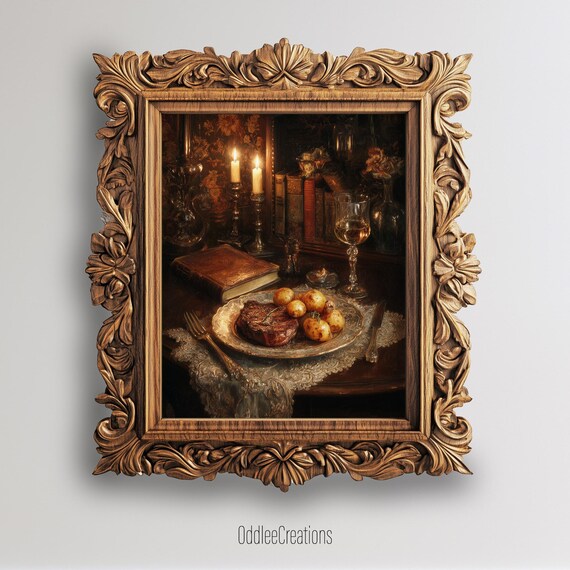 Steak Dinner Candlelight Dark Academia Kitchen Oil Painting Print