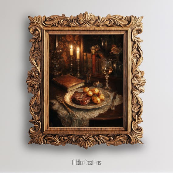 Steak Potatoes Dinner Dark Academia Kitchen Art Dining Room Wall Decor Vintage Oil Painting Style Food Illustration Fod78