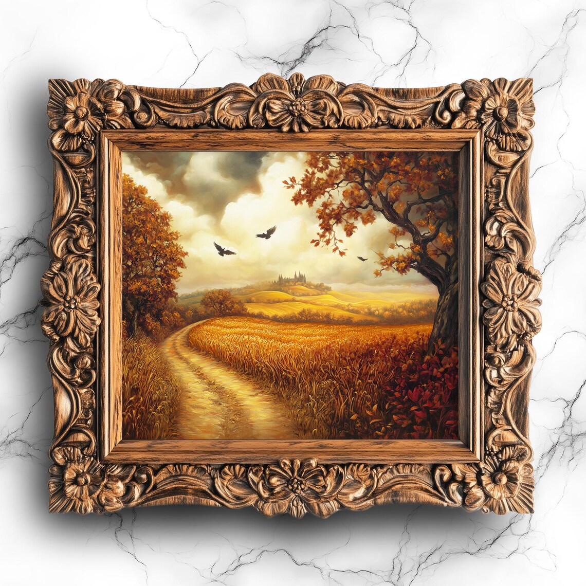 Moody Autumn Countryside Wheat Field With Crows And Distant Castle Poster