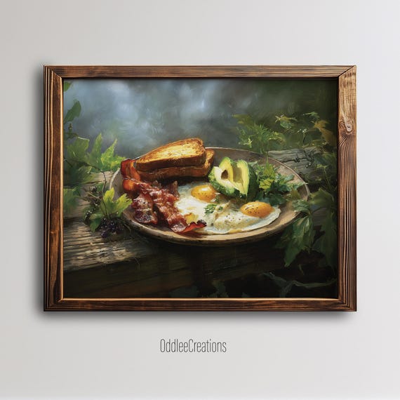 Breakfast Oil Painting Rustic Outdoor Food Art Moody Kitchen Wall Decor Avocado Bacon Eggs Toast Artwork Fod98