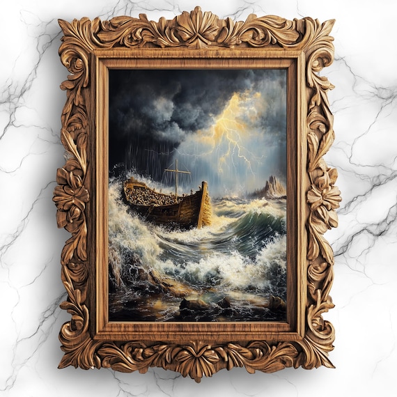 Noahs Ark In Stormy Seas Lightning Biblical Flood Art Poster