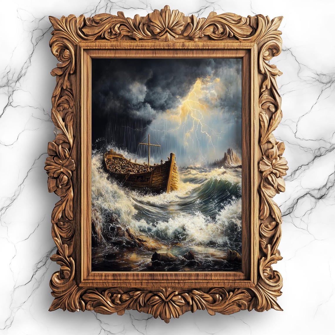Noahs Ark In Stormy Seas Lightning Biblical Flood Art Poster