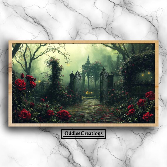 Whimsigoth Gothic Rose Garden Wrought Iron Gate Misty Path Art Poster