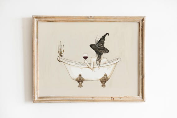 Funny Witch Drinking Wine in Bathtub Halloween Art Print