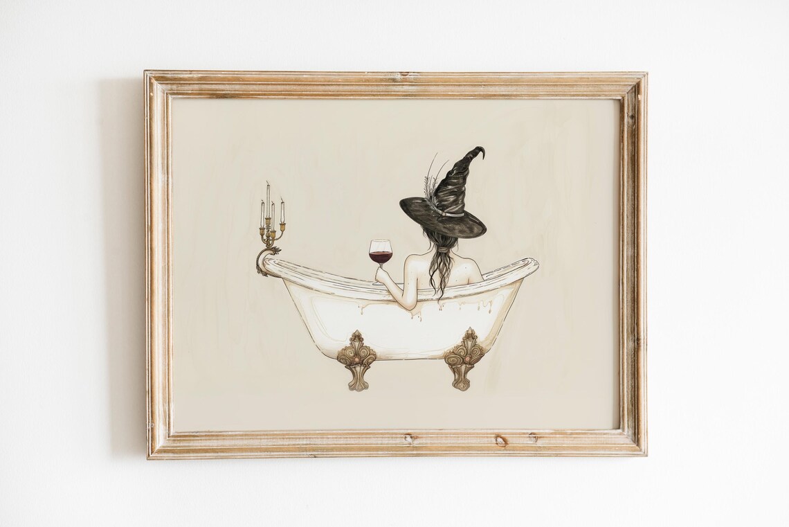 Funny Witch Drinking Wine in Bathtub Halloween Art Print