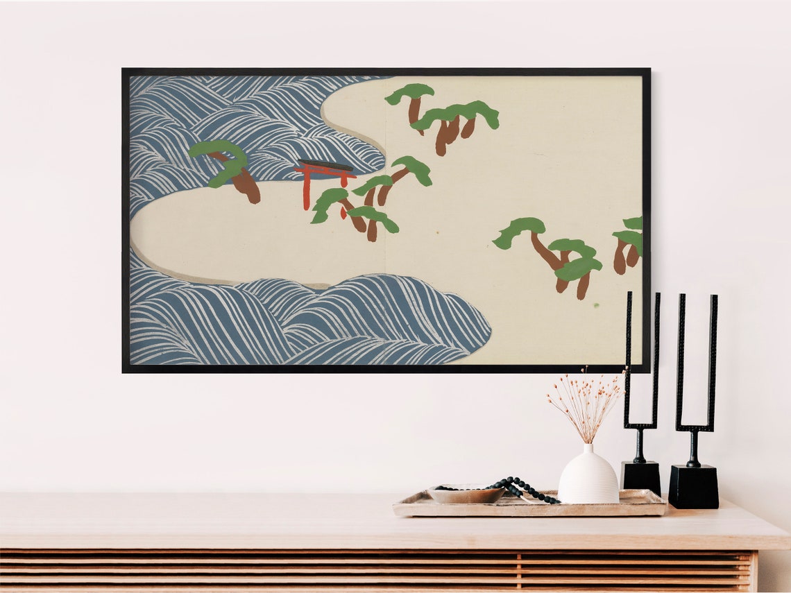 Japanese Coastal Landscape Abstract Beige Blue Zen Style Poster