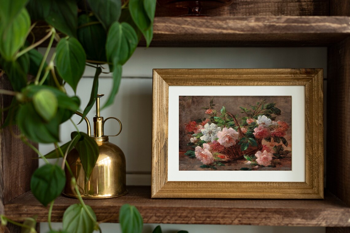 Basket Of Blooming Roses Vintage Oil Painting Floral Still Life Poster - Image 2