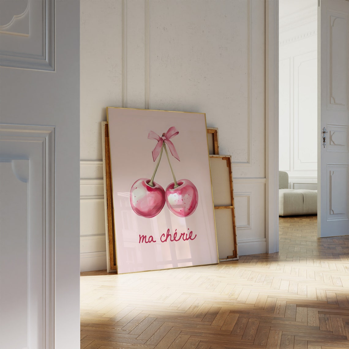 Ma Cherie Pink Cherries Watercolor Coquette Preppy Wall Poster - Image 2