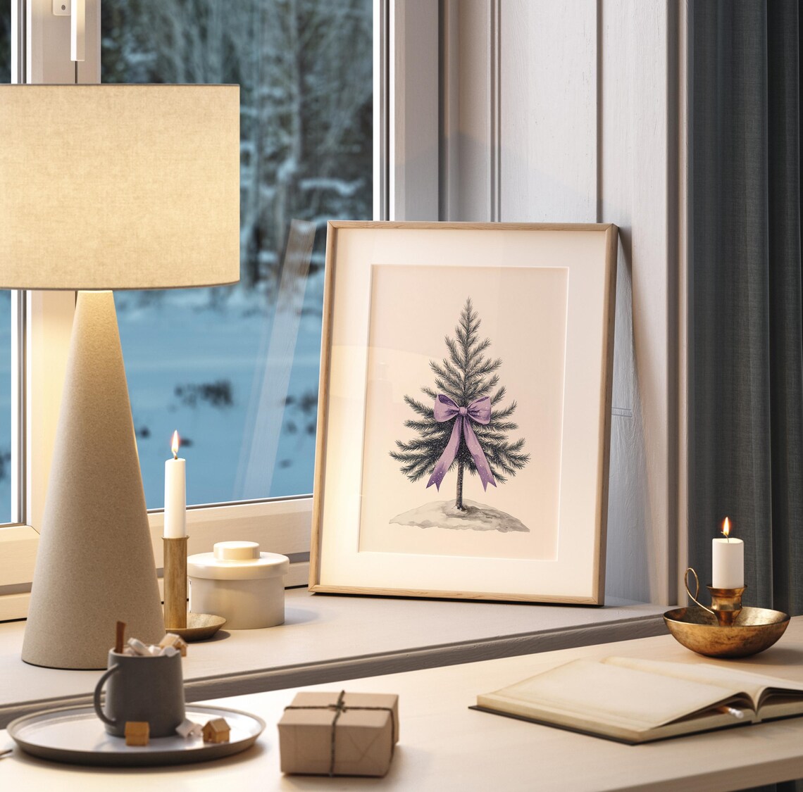 Purple Satin Bow Watercolor Christmas Tree Elegant Coquette Winter Poster - Image 2