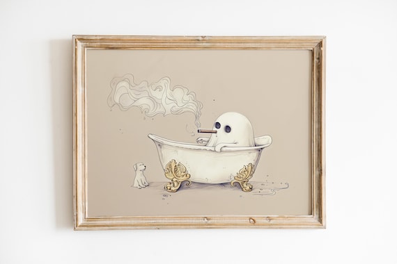 Funny Halloween Bathroom Wall Art Halloween Ghost Smoking A Cigar In Bath Cute Quirky Wall Art Humorous Restroom Art