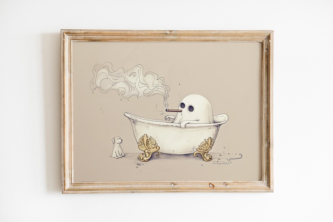 Funny Ghost Smoking Cigar in Vintage Bathtub with Dog Poster