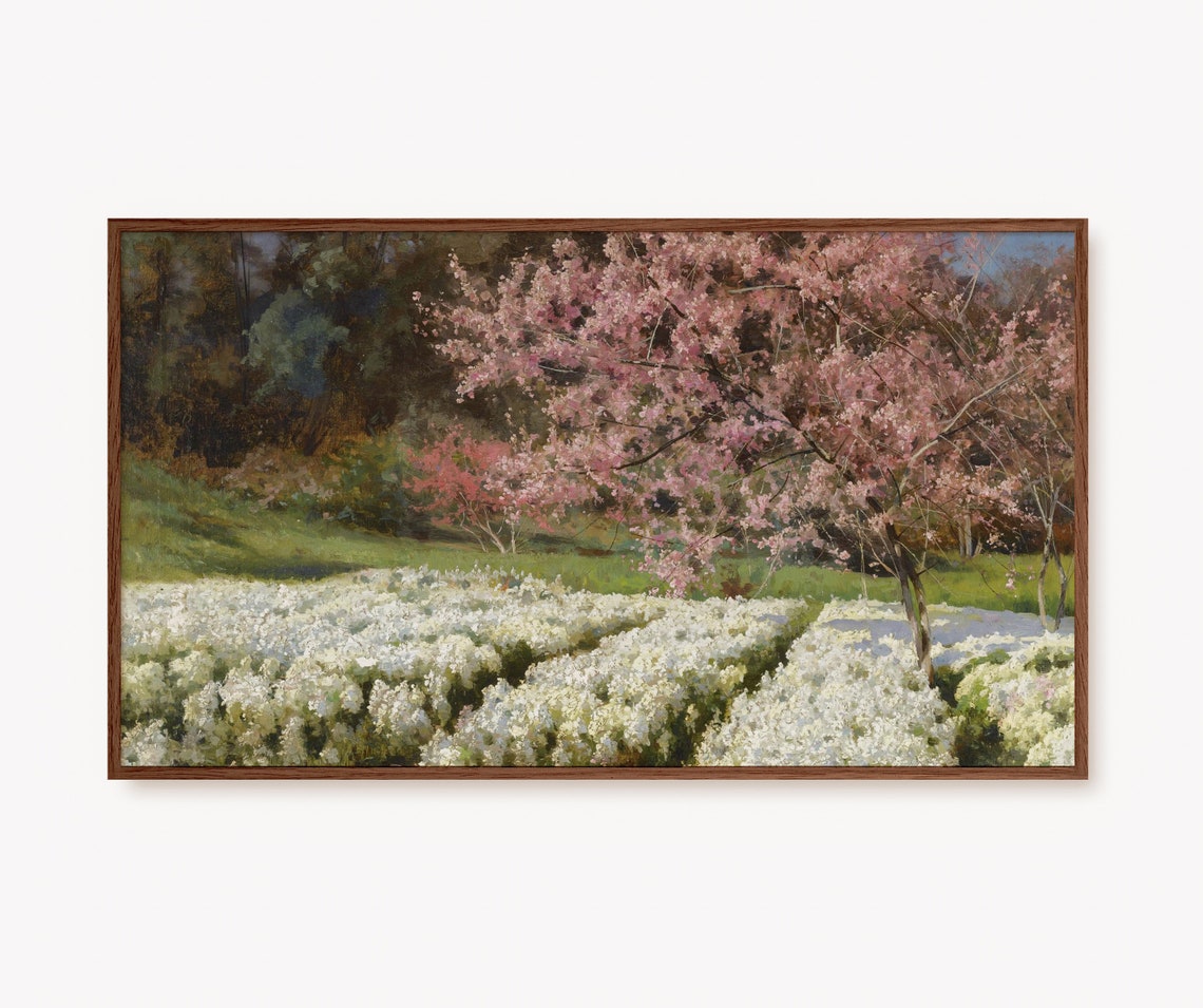 Spring Blossom Trees Over White Flower Field Vintage Garden Poster