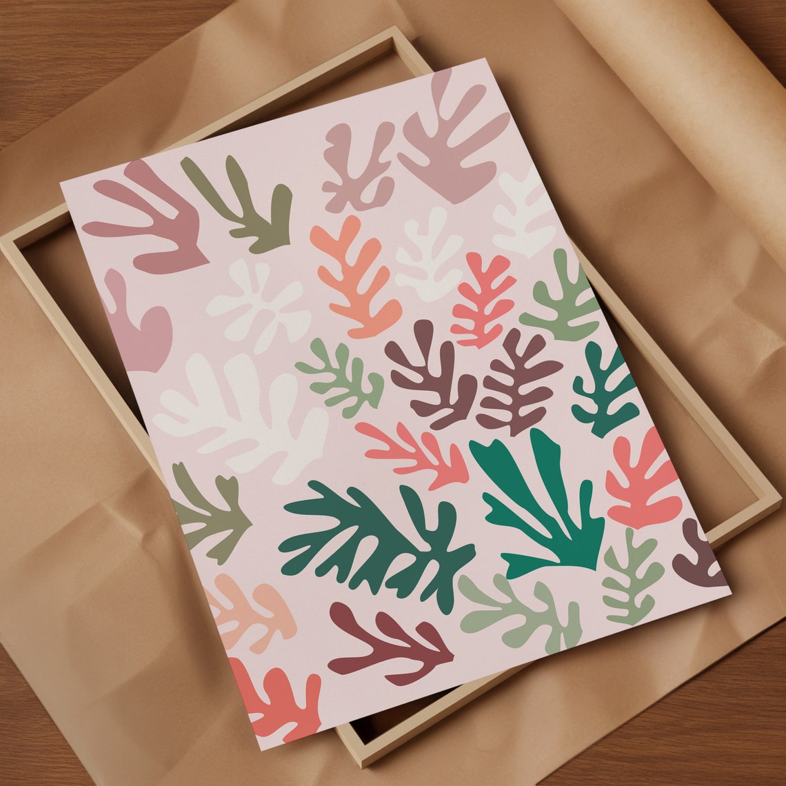 Pink Matisse Style Leaf Cutout Botanical Modern Abstract Art Print