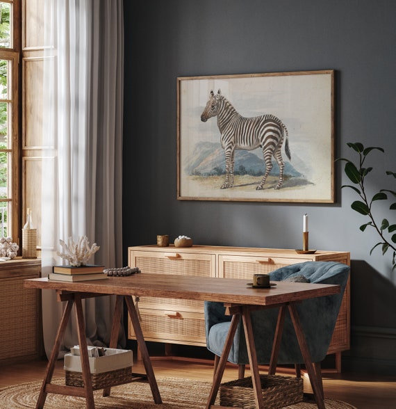 Vintage Zebra Watercolor Art Print, Rustic Decor