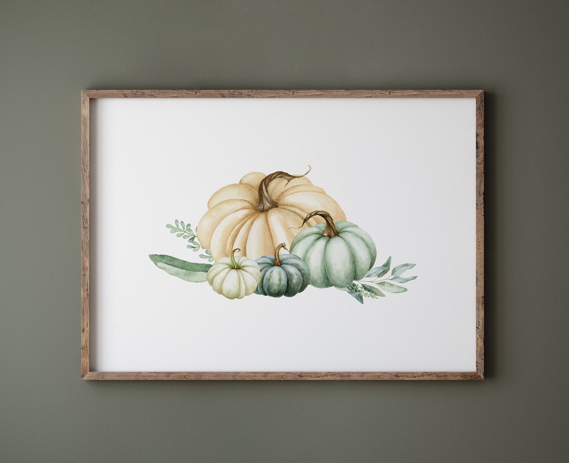 Watercolor White Pumpkins Eucalyptus Fall Thanksgiving Decor Print - Image 2
