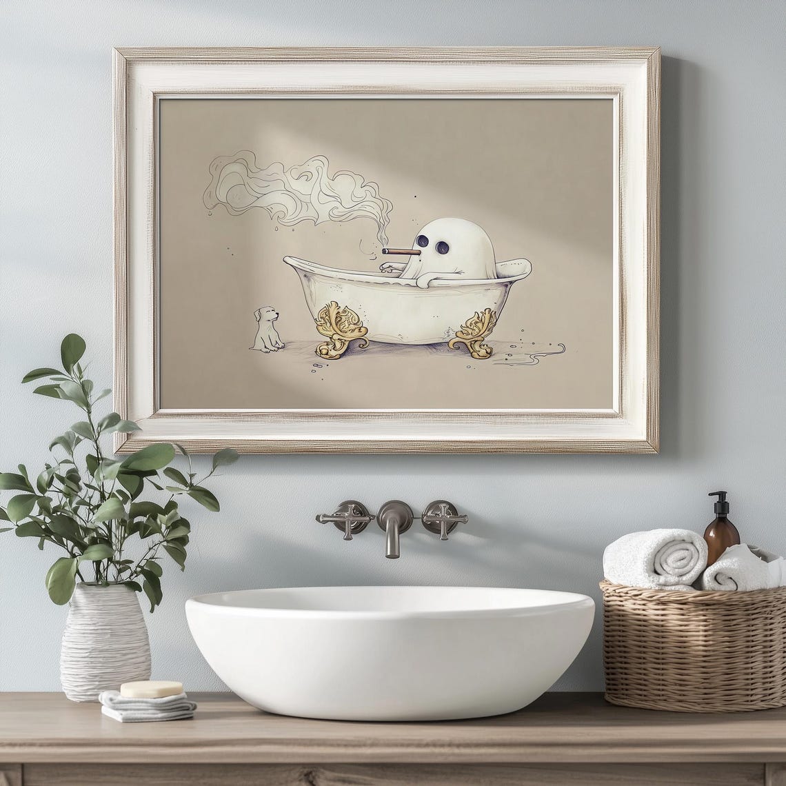 Funny Ghost Smoking Cigar in Vintage Bathtub with Dog Poster - Image 2
