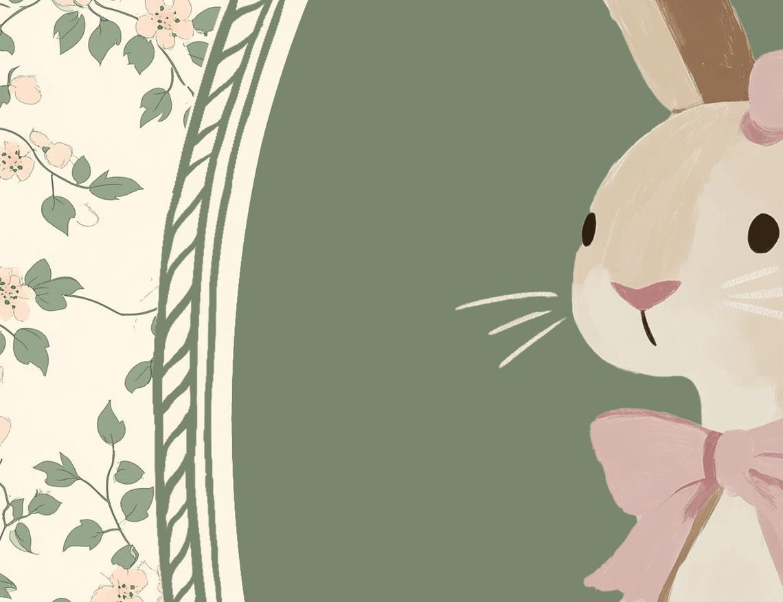 Vintage Bunny Pink Bow Oval Sage Floral Easter Nursery Wall Art Poster - Image 3